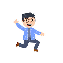 Little boy with glasses run. Happy smart child waves his hands. Cute Character in blue clothes. Flat cartoon