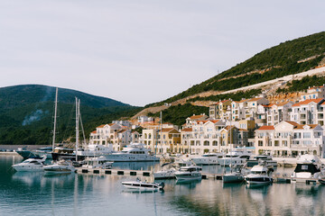 Luxury yachts are moored in a row at the Lustica Bay marina. Montenegro
