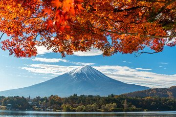 Mt Fuji. beautiful view of Fuji san mountain with colorful red maple leaves and winter morning fog in autumn season at lake Kawaguchiko, best places in Japan, travel and landscape nature concept