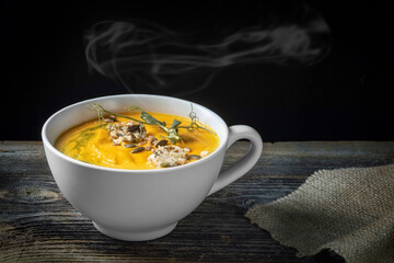 Pumpkin soup with pumpkin seeds on a wooden background