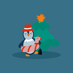 Illustration of a Penguin with a Christmas tree. A holiday card with a bird in a swimming circle and a panama hat. New Year's children's poster. Vector illustration
