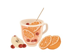 Glass mug with fruit tea. Fruits, apples, oranges, red berries.