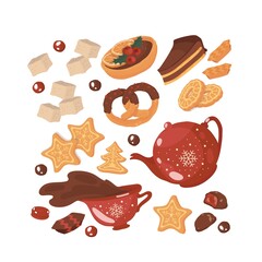 Tea time. Cozy winter. Ceramic mug, teapot. Pastries, cookies, biscuits with cream, cake. Candy, caramel, chocolate. Sugar cubes.