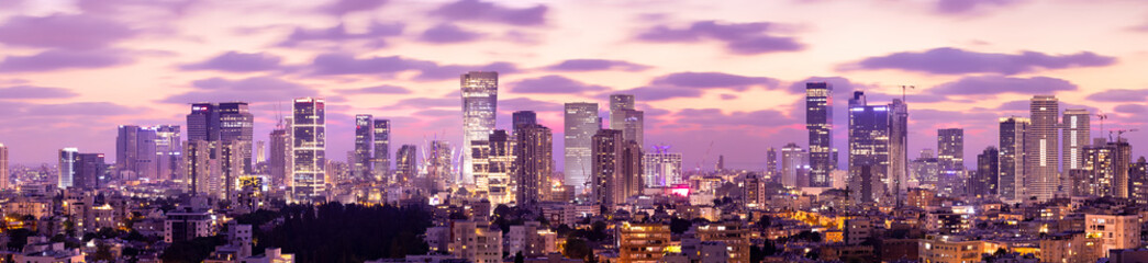 Fototapeta na wymiar Tel Aviv Skyline At Sunset, Tel Aviv Cityscape Large Panorama At Sunset Time, Israel