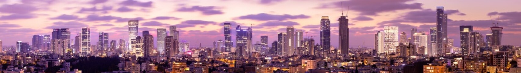 Fototapeta na wymiar Tel Aviv Skyline At Sunset, Tel Aviv Cityscape Large Panorama At Sunset Time, Israel