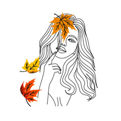 Woman face with maple leaves. Line art female hands with butterflies. Abstract face with butterfly by one line vector drawing. Portrait minimalistic style. Botanical print. Nature symbol of cosmetics.