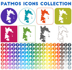 Patmos icons collection. Bright colorful trendy map icons. Modern Patmos badge with island map. Vector illustration.