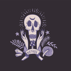 Vector skull greeting card, witchcraft illustration.