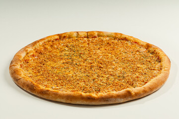 Garlic and oil pizza with spaghetti and tomato sauce. Strong flavor. italian pizza