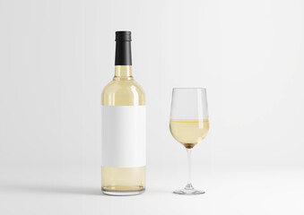 Blank transparent wine bottle with glasses on the empty background