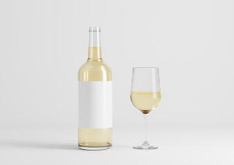 Blank transparent wine bottle with glasses on the empty background
