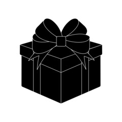 gift icon, box tied with ribbon with bow, black outline isolated on white background, vector illustration