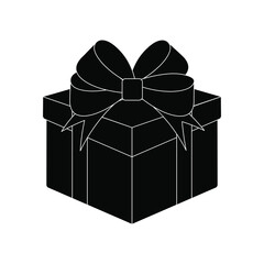 gift icon, box tied with ribbon with bow, black outline isolated on white background, vector illustration
