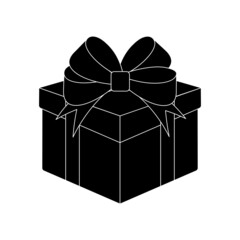 gift icon, box tied with ribbon with bow, black outline isolated on white background, vector illustration