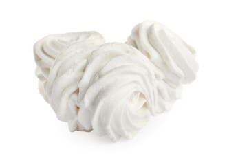 Many delicious sweet zephyrs on white background