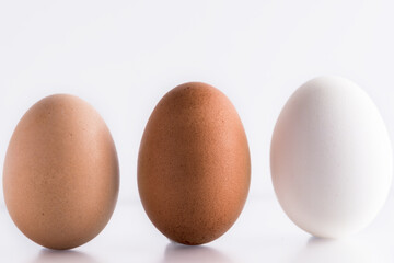 Three (3) different shades of natural organic eggs on a white background. Diversity and difference concept
