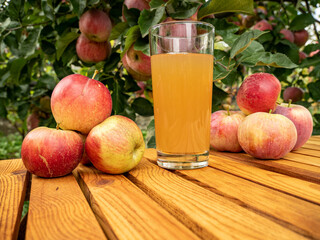 apple juice in the glass with apples near