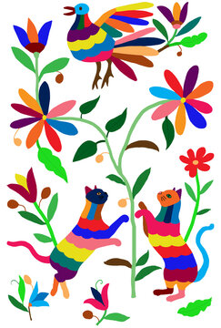Mexican otomi style bright pattern with cats