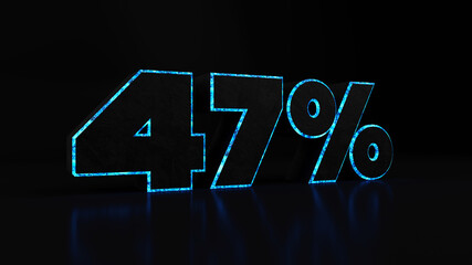 47% black stone and blue glow, 3d render illustration.