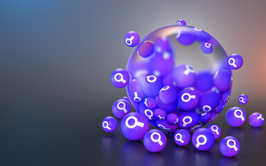 Search sign abstract glass bubble iconic background for social banner poster template 3d rendering