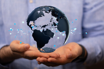 Digital hologram of the Earth with satellites on orbit. Digital globe with statistics data global