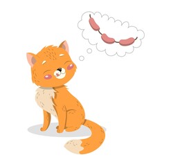 Animal with food concept. Cute ginger cat licks his lips and dreams of sausages. Fluffy hungry little kitten loves meat. Design element for covers, books and posters. Cartoon flat vector illustration