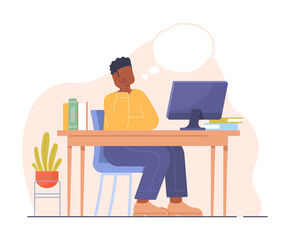 Dreaming human concept. Young man sitting at his desk, working at computer and thinking about his plans and goals. Employee resting and distracted from work. Cartoon modern flat vector illustration