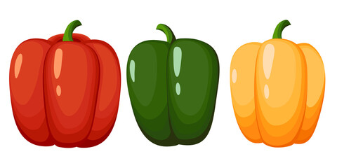 Set of whole bell peppers. Red, green and yellow peppers. Vector illustration