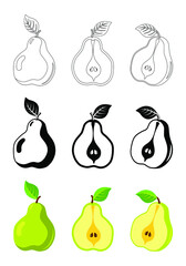 Pear on a white background. Vector illustration of summer fruits and berries. Autumn harvest. Pictograms, silhouettes, icons of pears, fruits. Pear is a fruit. Ripe pear in parts. Pear slices. Line