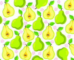 Pear on a white background. Vector illustration of summer fruits and berries. Autumn harvest. Pictograms silhouettes icons of pears fruits. Pear fruit. Ripe pear in parts. Pear slices