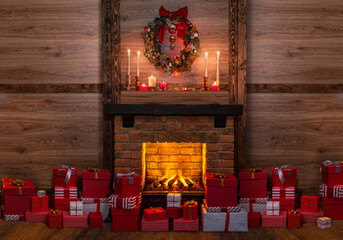 Many gift boxes near the Christmas fireplace in a festive interior of a Log Cabins with wooden...