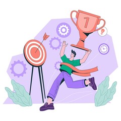 Successful businessman, winner getting target achieving goals, flat cartoon vector illustration isolated on white background. Get price per win business rivalry.