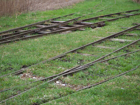 Alte Schienen einer Schmalspurbahn im Gras