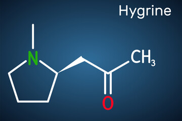 Hygrine pyrrolidine alkaloid molecule. It is found in the coca plant. Structural chemical formula on the dark blue background.