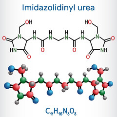 Imidazolidinyl urea, imidurea molecule. It is antimicrobial preservative used in cosmetics, formaldehyde releaser. Structural chemical formula, molecule model