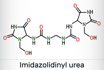 Imidazolidinyl urea, imidurea molecule. It is antimicrobial preservative used in cosmetics, formaldehyde releaser. Skeletal chemical formula