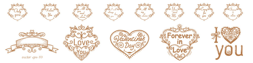 Love lettering with hearts, frames and ribbons.Set of Valentine day stickers and elements.Vintage lettering labels.Vector illustration .