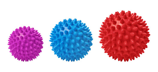 Multicolored spiny massage balls isolated on white. Concept of physiotherapy or fitness. Closeup of a colorful rubber ball for dog teeth on a white color background. Corona virus model.