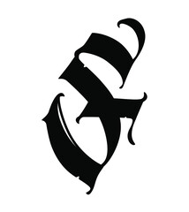 Obraz premium Letter F in the Gothic style. Vector. Alphabet. The symbol is isolated on a white background. Calligraphy and lettering. Medieval Latin letter. Logo for the company. Monogram. Elegant font for a tatto