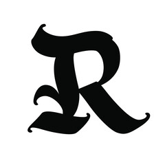 Letter R in the Gothic style. Vector. Alphabet. The symbol is isolated on a white background. Calligraphy and lettering. Medieval Latin letter. Logo for the company. Monogram. Elegant font for a tatto