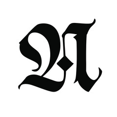 Letter N in the Gothic style. Vector. Alphabet. The symbol is isolated on a white background. Calligraphy and lettering. Medieval Latin letter. Logo for the company. Monogram. Elegant font for a tatto