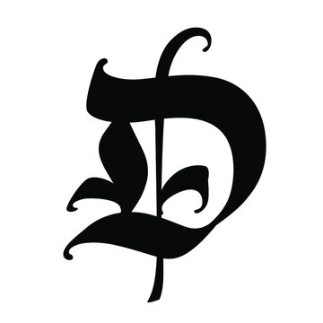 Letter D in the Gothic style. Vector. Alphabet. The symbol is isolated on a white background. Calligraphy and lettering. Medieval Latin letter. Logo for the company. Monogram. Elegant font for a tatto