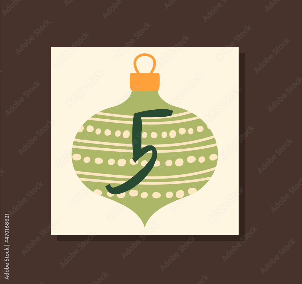 Poster cover for advent calendar. colorful poster with christmas tree toy and number five. design element f