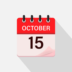October 15, Calendar icon with shadow. Day, month. Flat vector illustration.