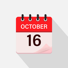 October 16, Calendar icon with shadow. Day, month. Flat vector illustration.