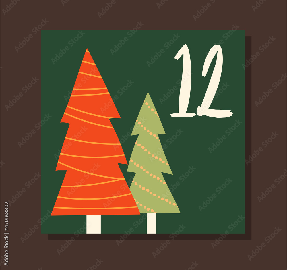 Aufkleber cover for advent calendar. colorful poster with christmas trees and number twelve. design element fo