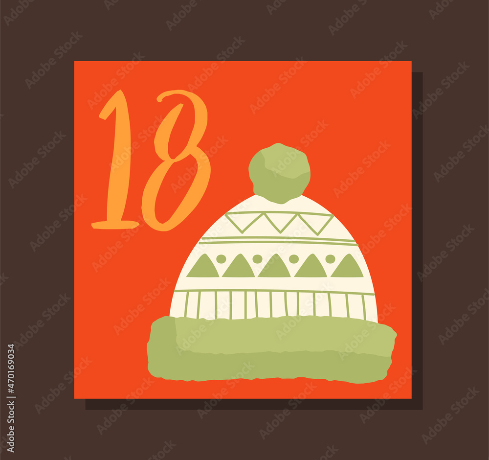 Poster cover for advent calendar. red greeting poster with warm hat and number eighteen. design element for