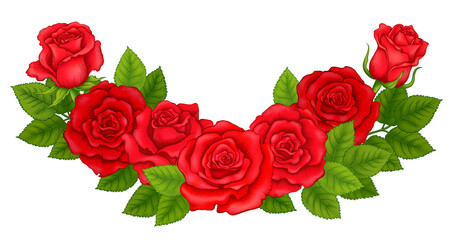 Semicircular Composition of Red Roses for Decoration Frames, Vignettes, Borders, Greeting and Wedding Cards and Backgrounds in Classic Style. Vector Illustration Isolated on the White Background