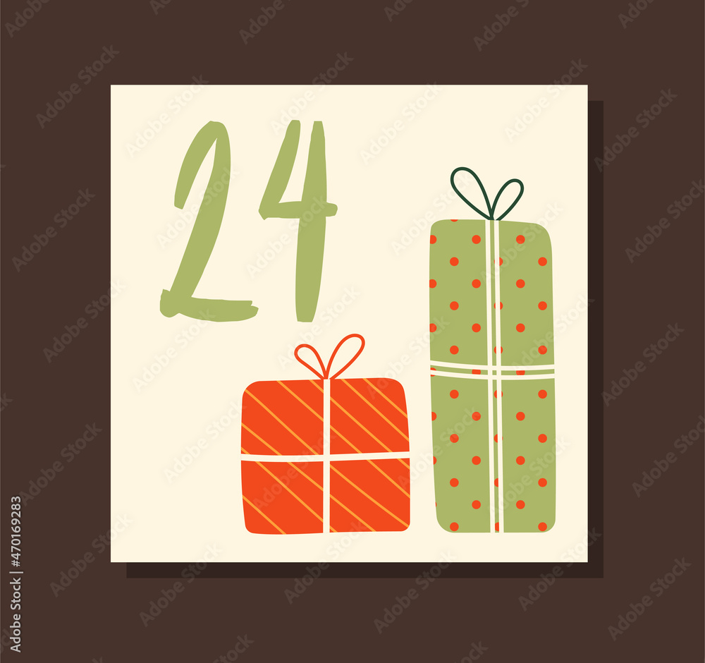Poster cover for advent calendar. beige poster with gift boxes and number twenty four. design element for g