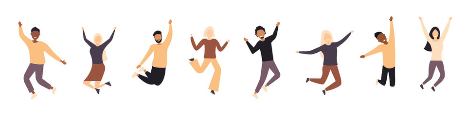 Fototapeta na wymiar A multinational group of happy people jumping. A team of people celebrating victory and success. Flat style. Vector illustration.